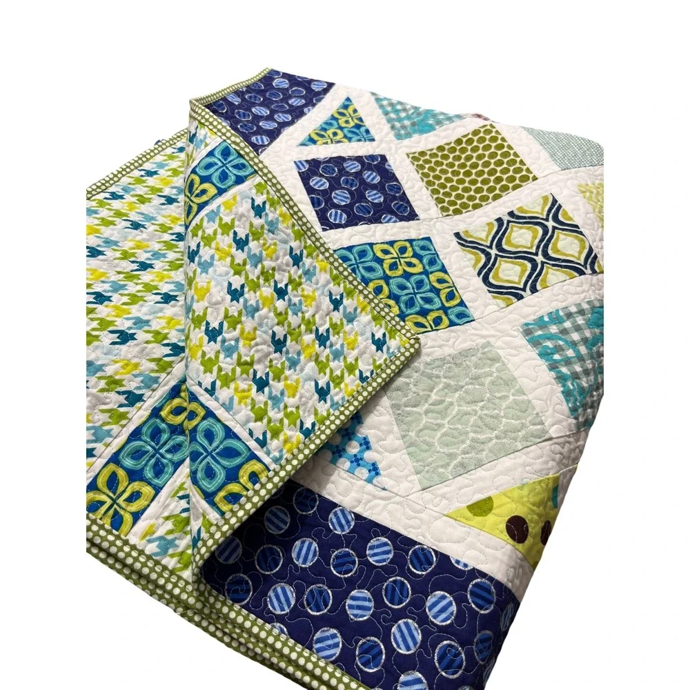 Handmade‎ Reversible Patchwork Quilt 42x36 Blue Green Geometric Modern Decor